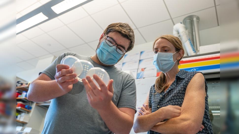 Bethany Strunk observes lab results with student