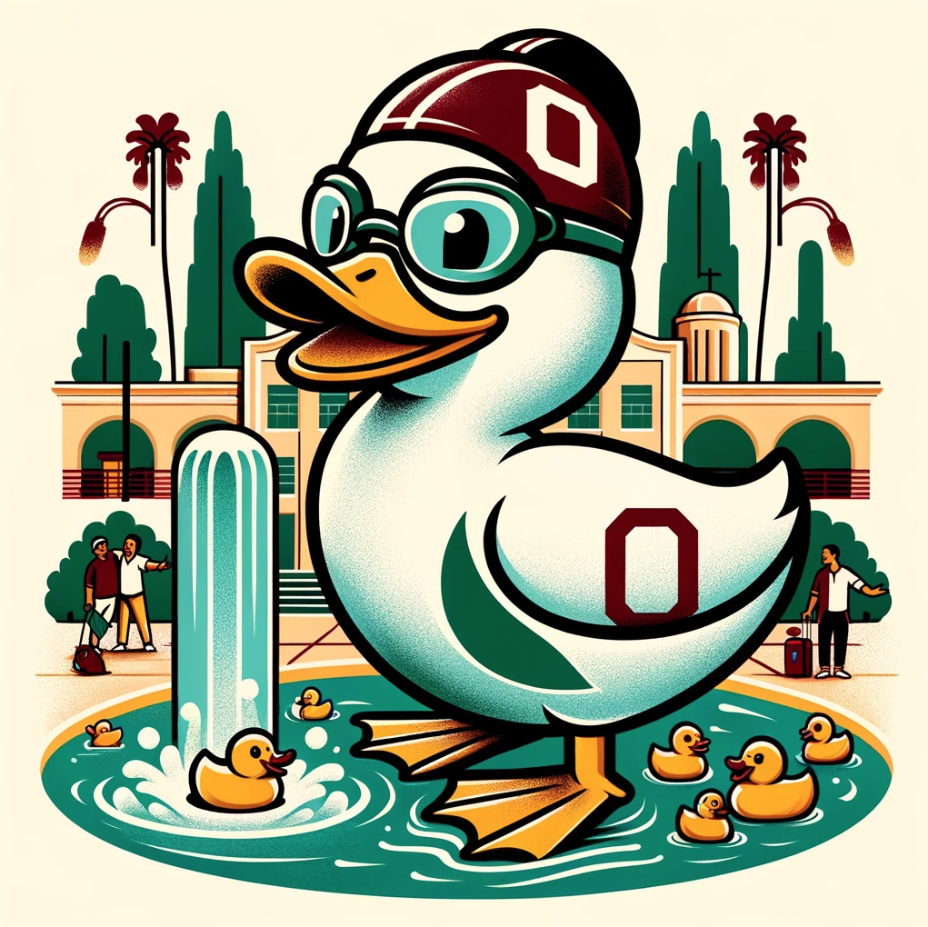 an ai-generated duck wearing a helmet and glasses in a fountain with rubber ducks in front of a school