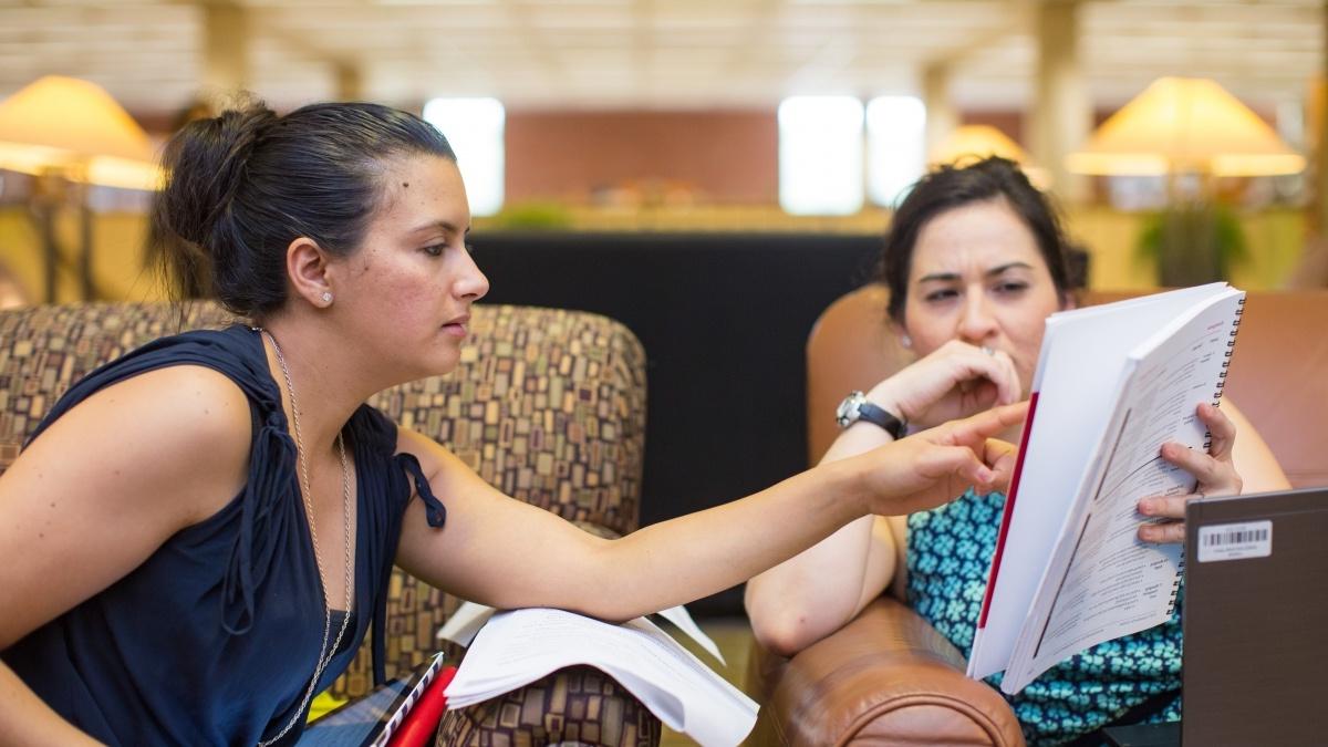 Two students discussing writing assignment