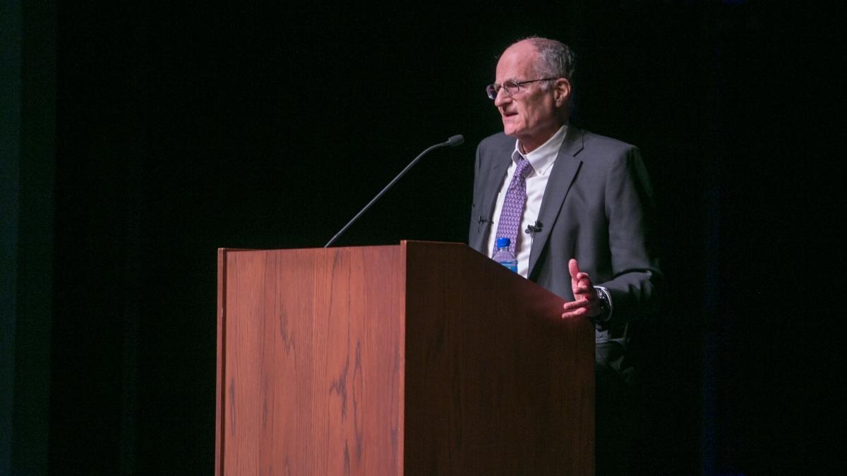 Thomas J. Sargent speaks in Stieren Theater